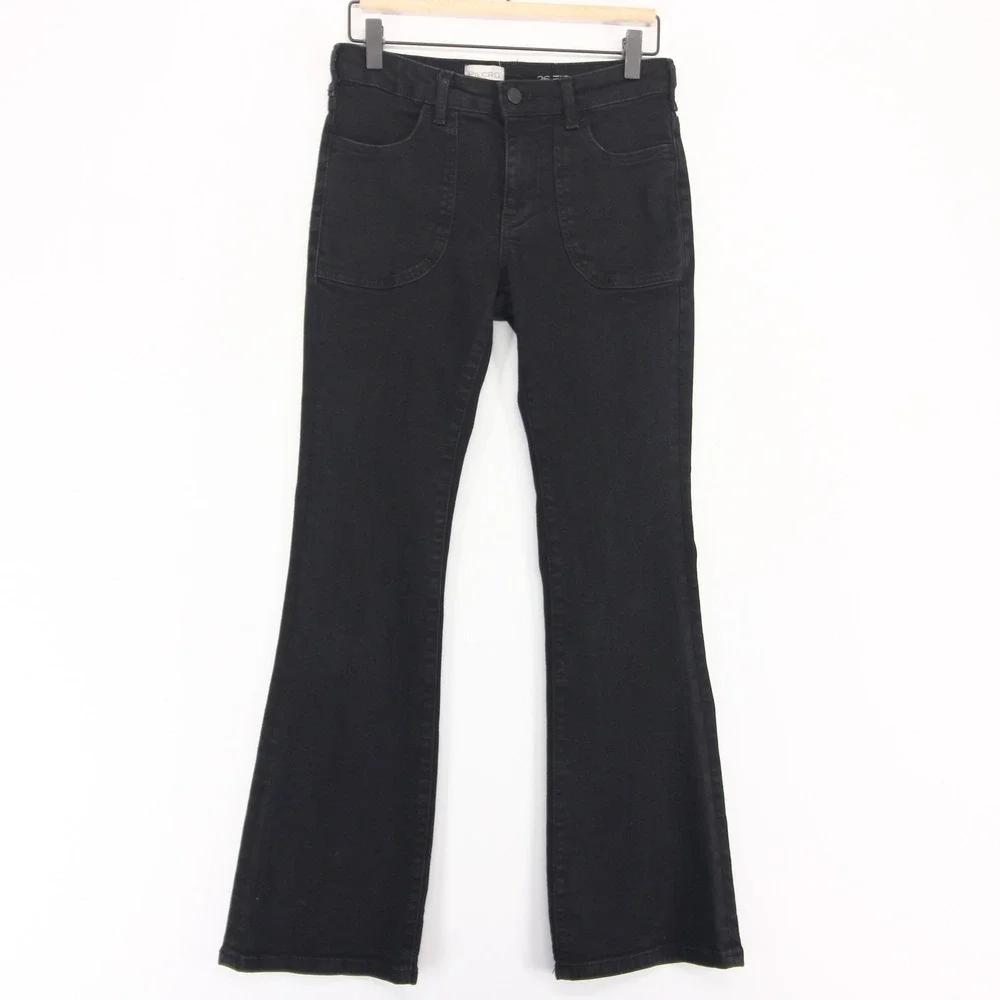 Pilcro The Icon Flare Jeans Womens 26 Black High Rise Patch Pockets Stretch
